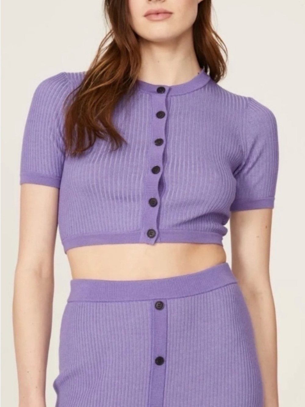 NAADAM merino wool silk purple ribbed short sleeve cardigan sweater sz s EUC